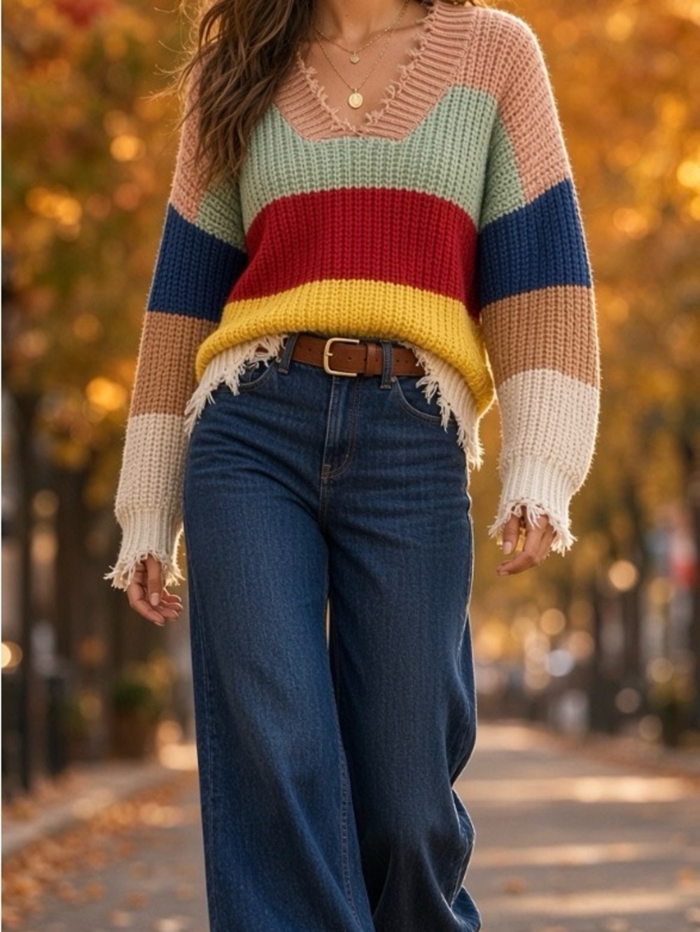 Main Strip Color-Block Distressed Knit Sweater – Size M - Picture 4 of 9